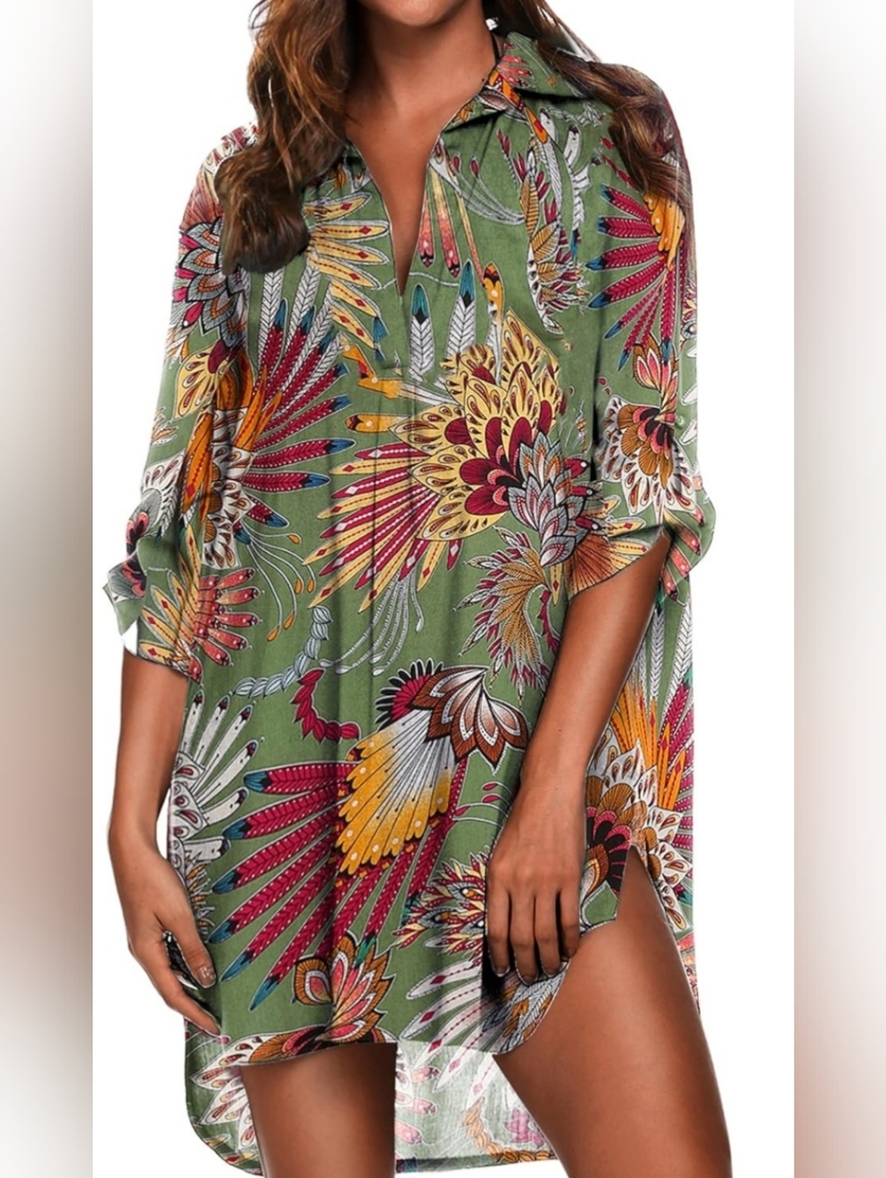 Ekouaer Sz M Green Floral Tropical Boho Print Hi-low Hem V Neck Tunic Top